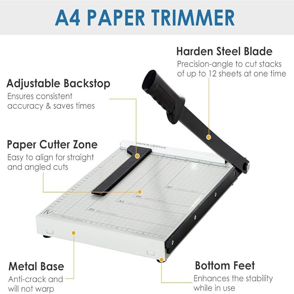 JK Toners 12 Inch A4 Steel Heavy Duty Paper Cutter Trimmer Machine Metal Grip Guillotine Metal Grip Hand-held Paper Cutter